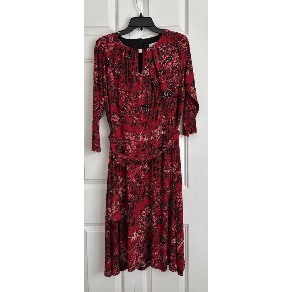 KASPER WOMEN'S 3/4 SLEEVE MIDI DRESS KEYHOLE RED FLORAL TAPESTRY PRINT CAREER